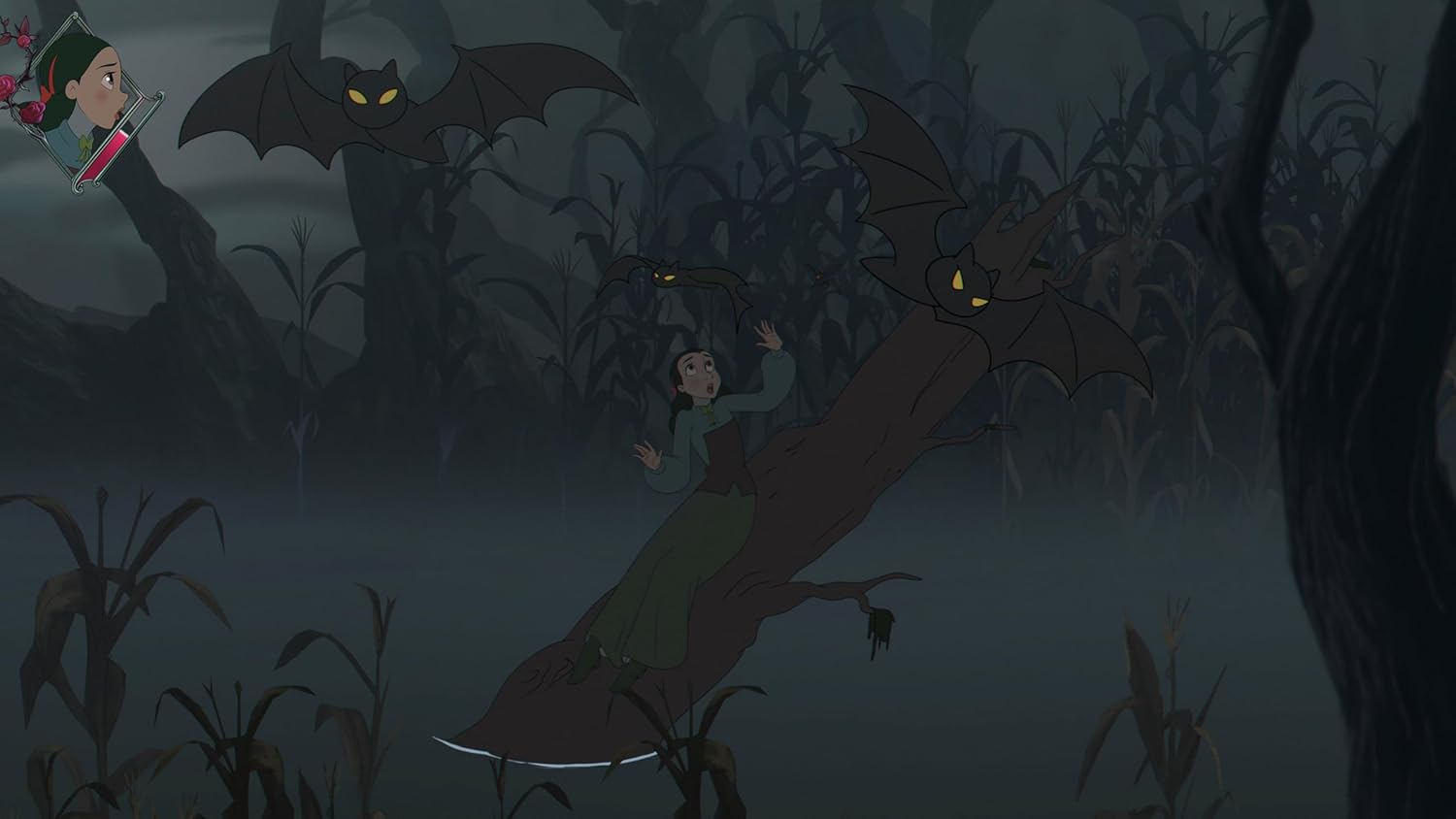 Escena animada de una mujer en una rama con murciélagos en un bosque brumoso.