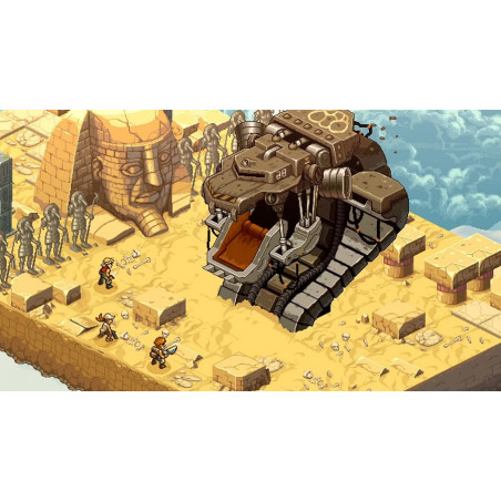 Una captura de pantalla pixelada de un videojuego con un tanque en un entorno desértico antiguo.