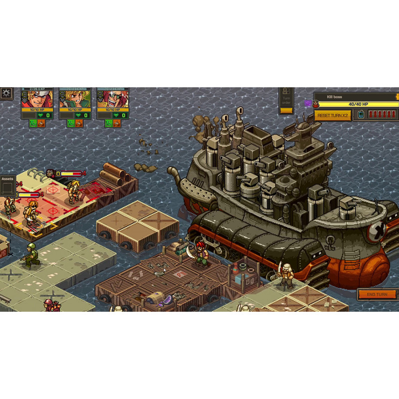 Una pantalla de juego de estrategia pixelada con múltiples unidades y un gran barco en el agua.