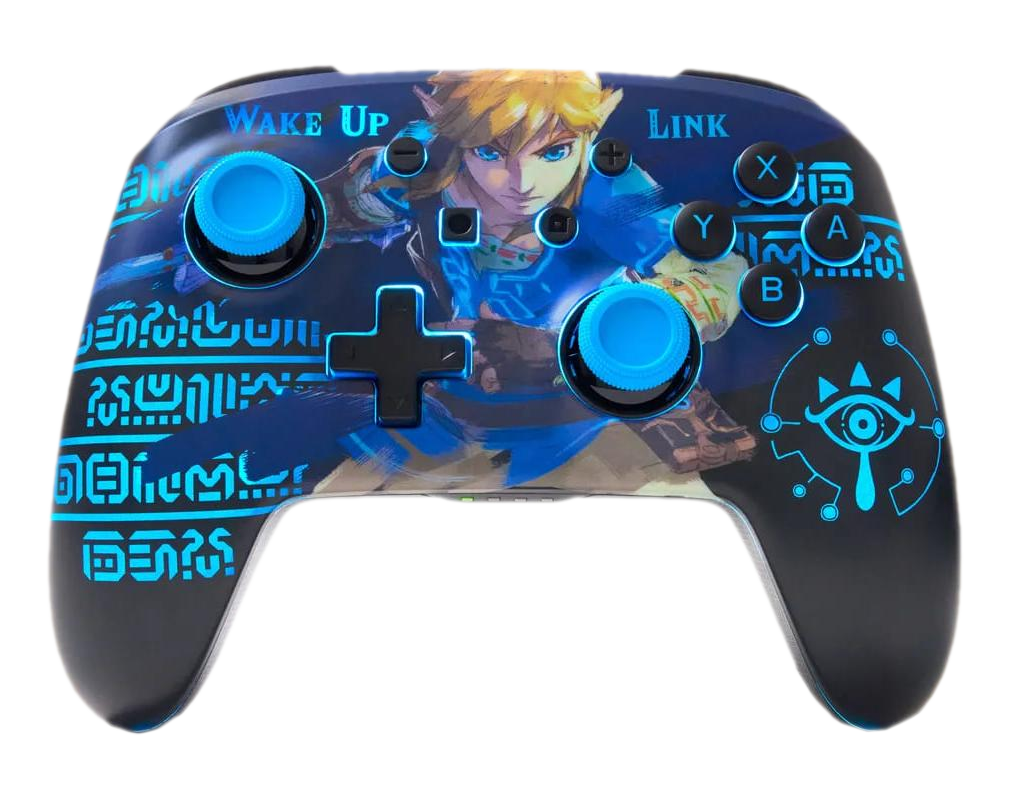Controller Nintendo Switch a tema Zelda. Joystick e pulsanti blu. Sfondo nero.