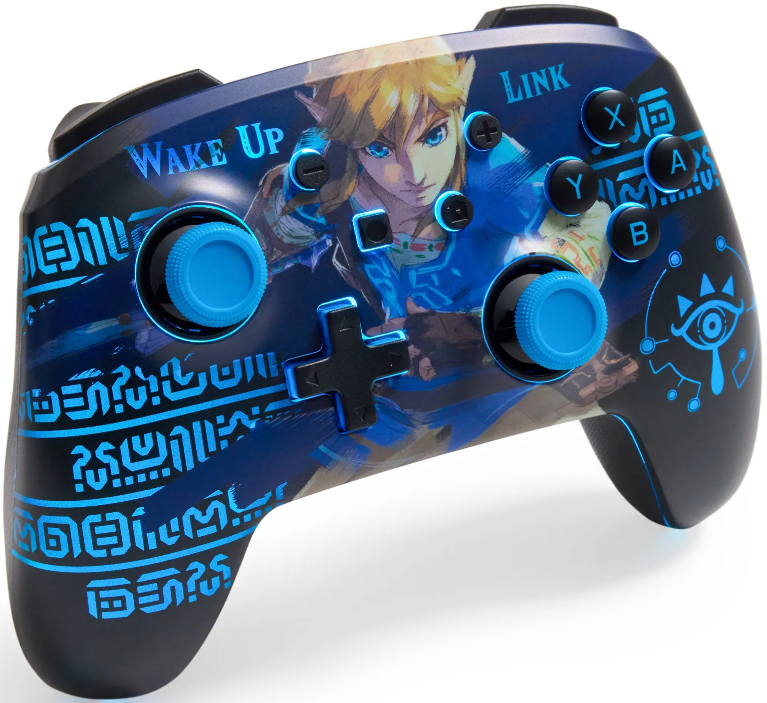 Un controller per videogiochi blu e nero con l'immagine di un personaggio.