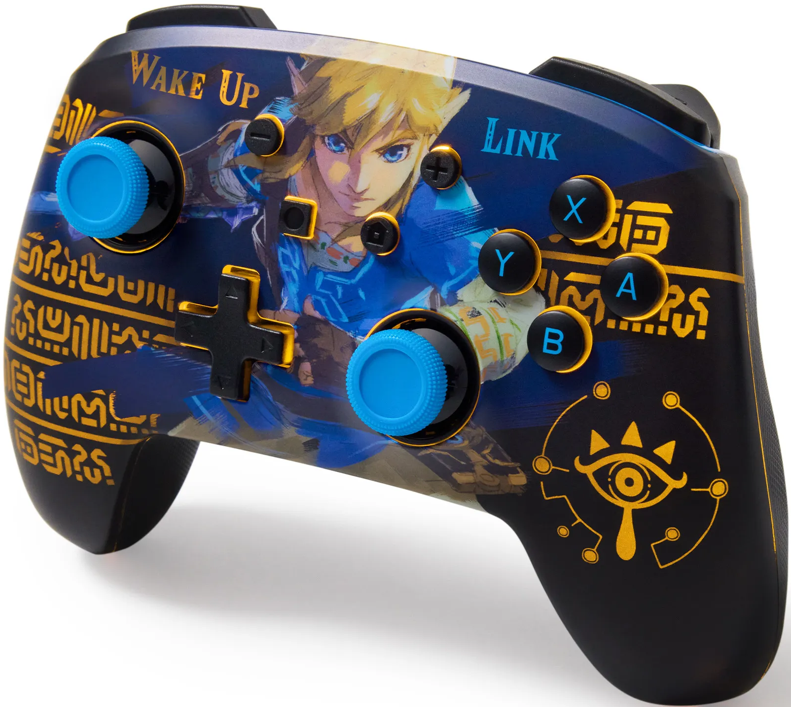 Controller Nintendo Switch. Ritratto di Link, joystick blu, pulsanti neri e dettagli oro.