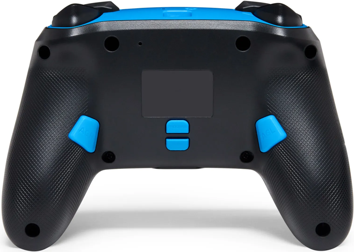 Controller di gioco nero e blu. Vista posteriore, pulsanti e impugnature.