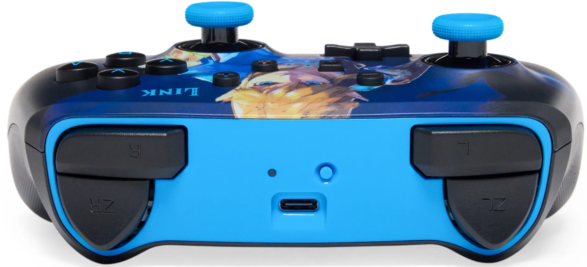 Controller Nintendo Switch blu e nero con testo 'LINK', joystick blu e vari pulsanti.