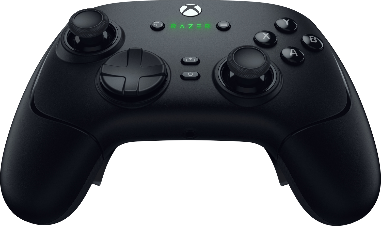 Schwarzer Razer Xbox-Controller, Draufsicht. Er hat Knöpfe, Joysticks und ein grünes Razer-Logo.