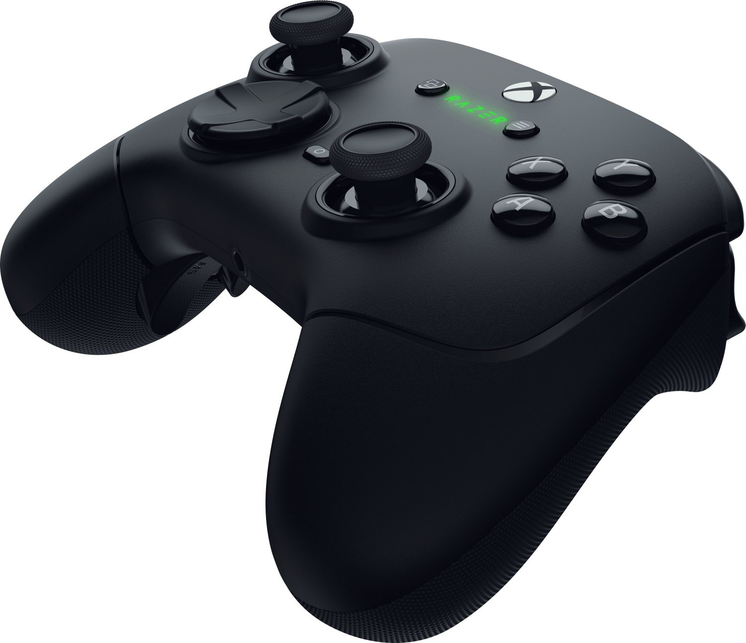 Schwarzer Xbox-Controller mit Knöpfen und Joysticks. Grünes Licht.