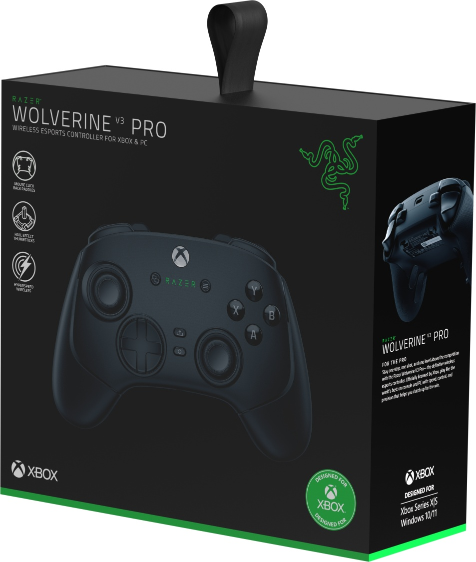 Razer Wolverine V3 Pro Controller in einer schwarzen Box mit Xbox- und Razer-Branding.