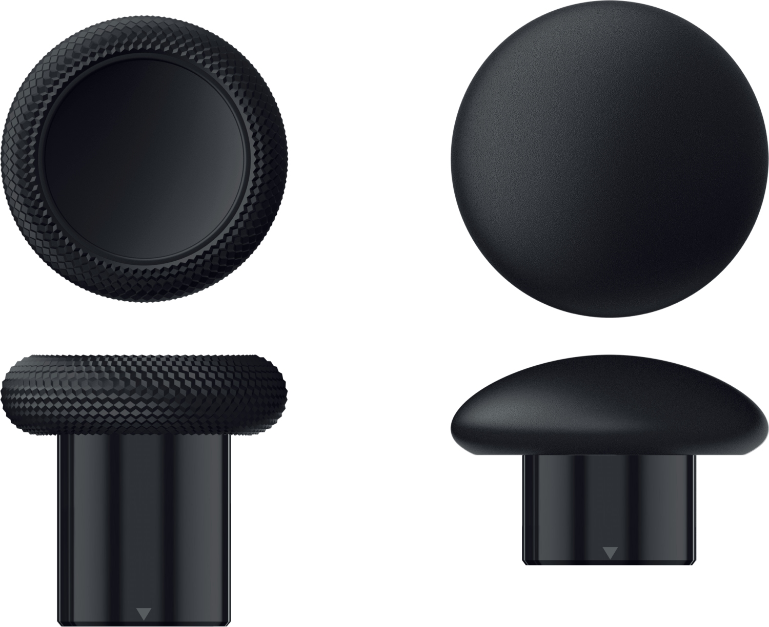 Vier schwarze Joystick-Thumbsticks, verschiedene Designs. Weißer Hintergrund.