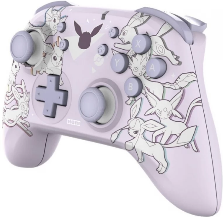 Ein Nintendo Switch-Controller mit Eevee-Thema, der verschiedene Eeveelutions zeigt.