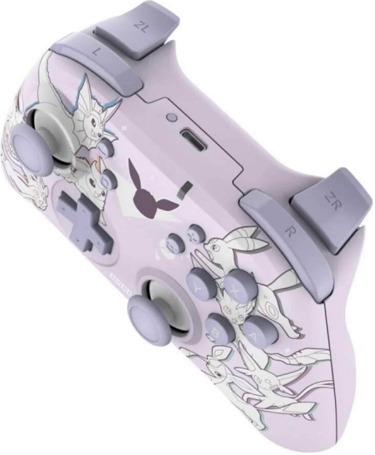 Ein lila Nintendo Switch Controller mit Zeichentrickfiguren.