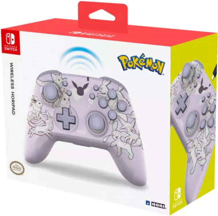 Verpackter Nintendo Switch Controller, Lavendelfarbe, mit Pokémon-Charakteren.
