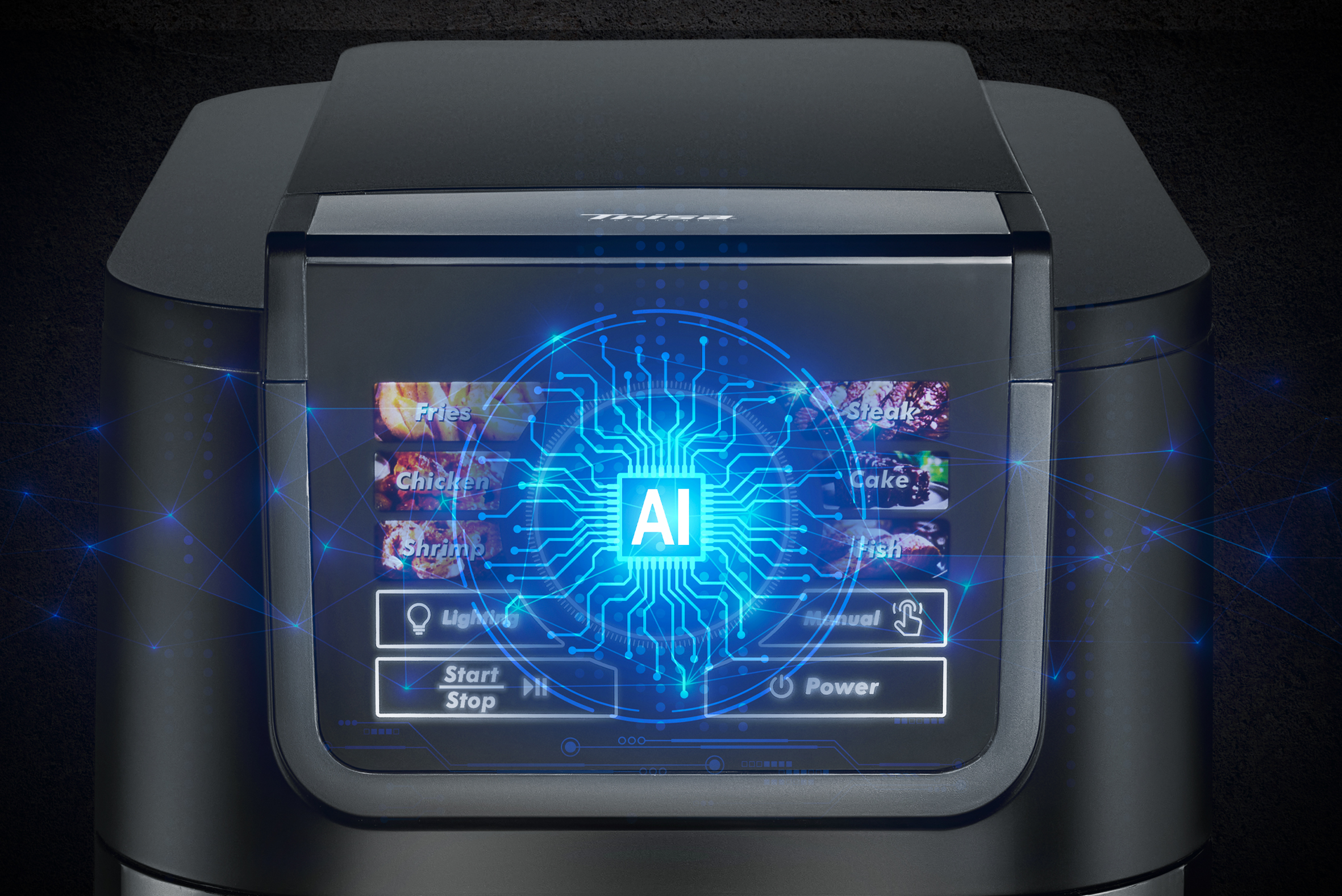 Heißluftfritteuse mit Touchscreen, der Speisen zeigt, KI-Symbol in der Mitte.