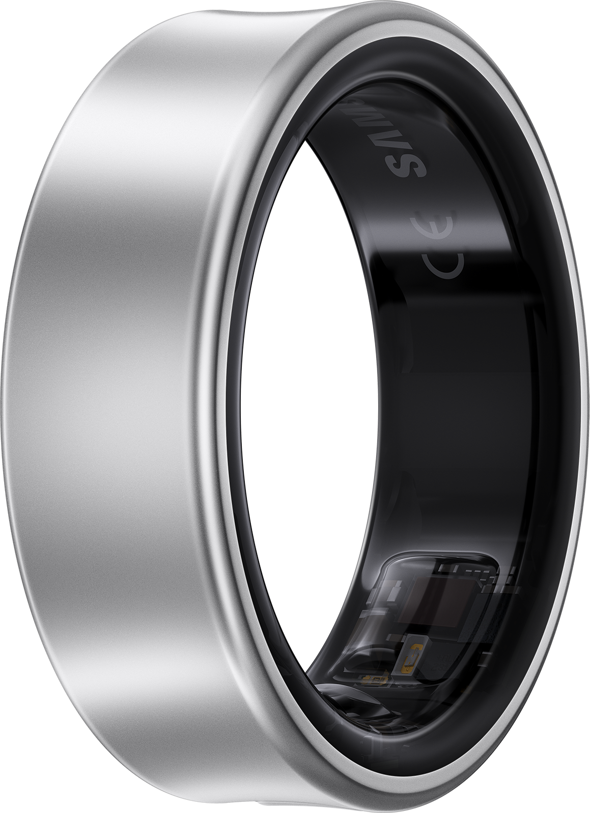 Ein silberner Ring mit schwarzem Innenraum. Der Ring hat eine metallische Oberfläche und ist kreisförmig.