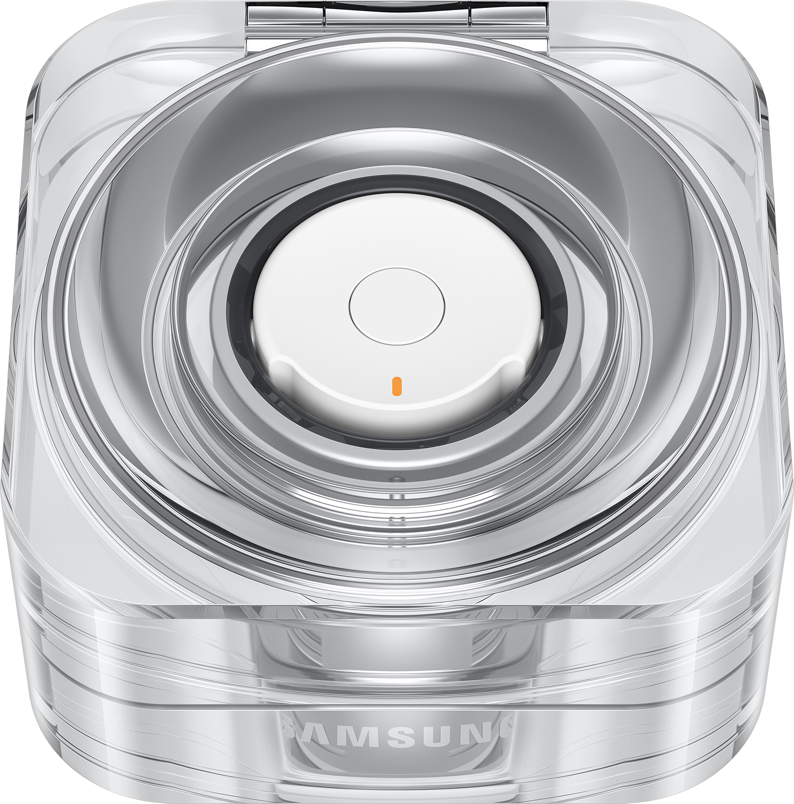 Klarer zylindrischer Behälter mit weißem Deckel und rundem Knopf. Der Name Samsung ist sichtbar.