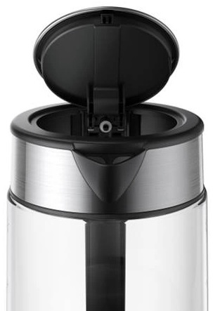 Zbliżenie na górną część czajnika z otwartą pokrywą. Widoczna stal nierdzewna i czarny plastik.