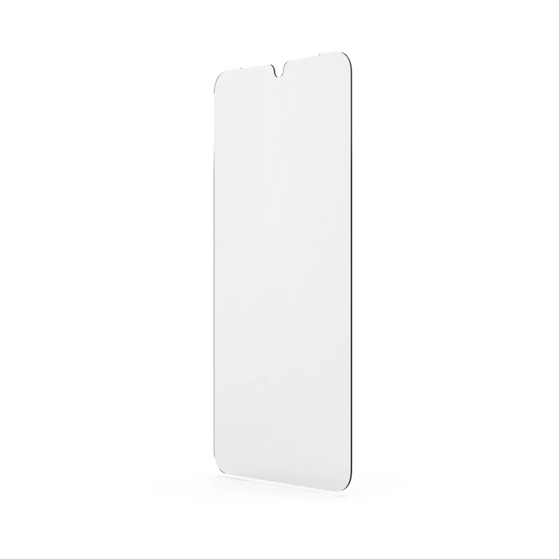 Eine transparente Displayschutzfolie für ein Smartphone, aufrecht stehend.