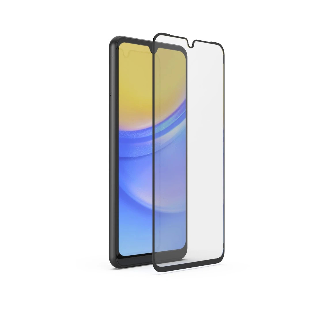 Ein Smartphone mit einem Displayschutz neben dem Schutz auf weißem Hintergrund.