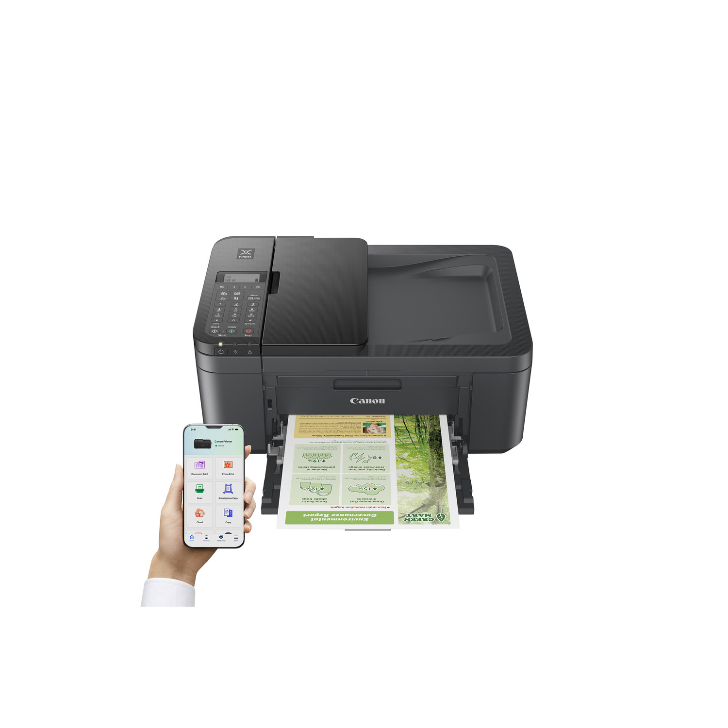 Printer met telefoon die een app-scherm en afgedrukt document toont.