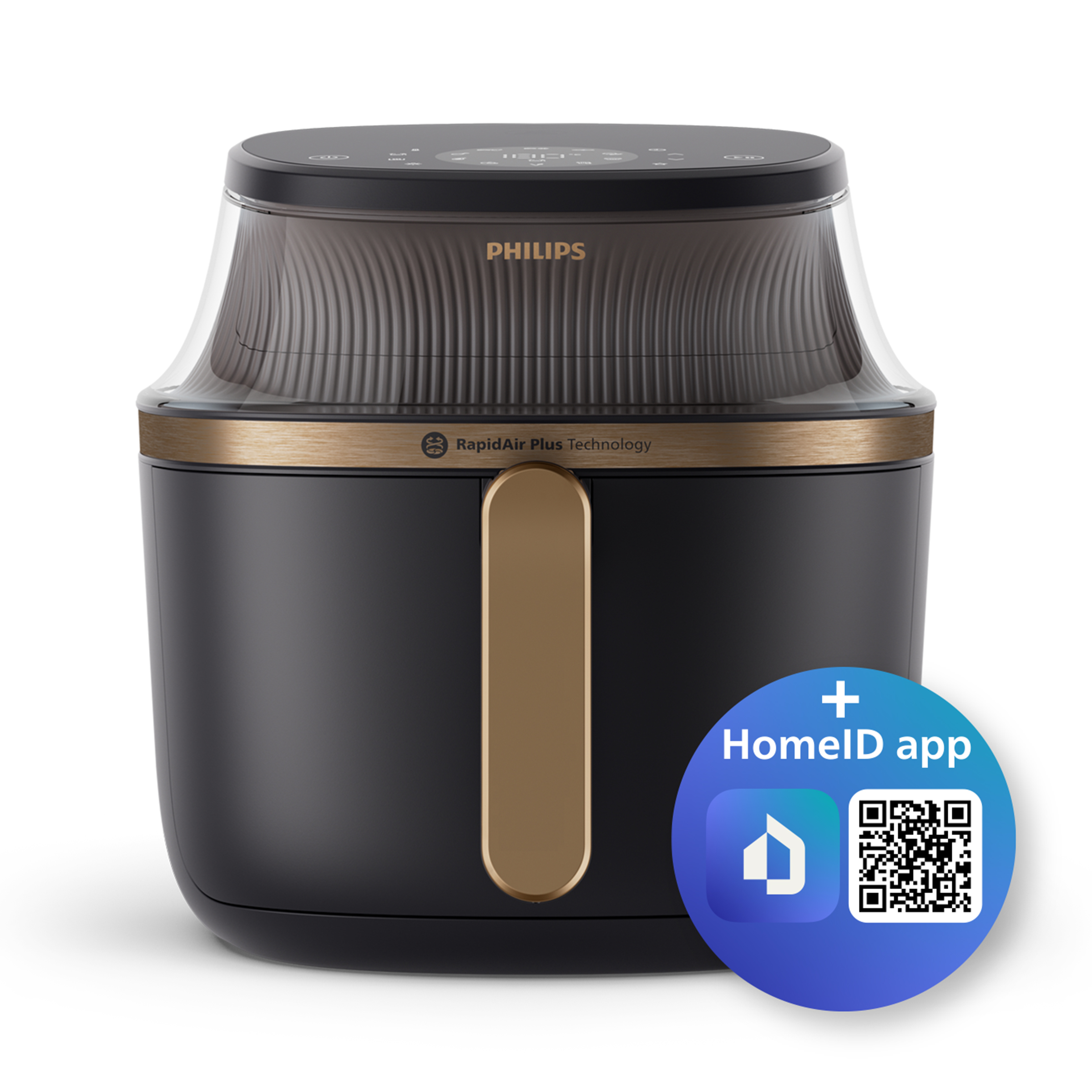 Czarna i złota frytownica beztłuszczowa Philips z logo aplikacji HomeID i kodem QR.