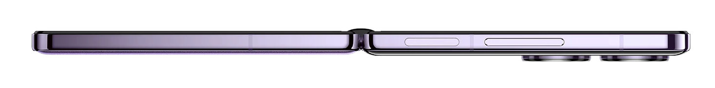 Składany fioletowy telefon, widok z góry, otwarty. Pokazuje zawias i przyciski z boku.