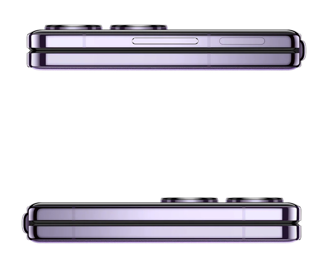 Dwa fioletowe składane telefony, jeden nad drugim. Telefony są zamknięte, widok z boku.