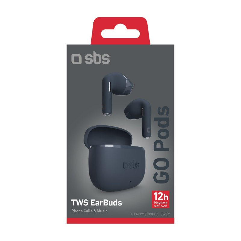 Ohrhörer in einer Schachtel, mit der Marke 'sbs' und 'GO Pods'.