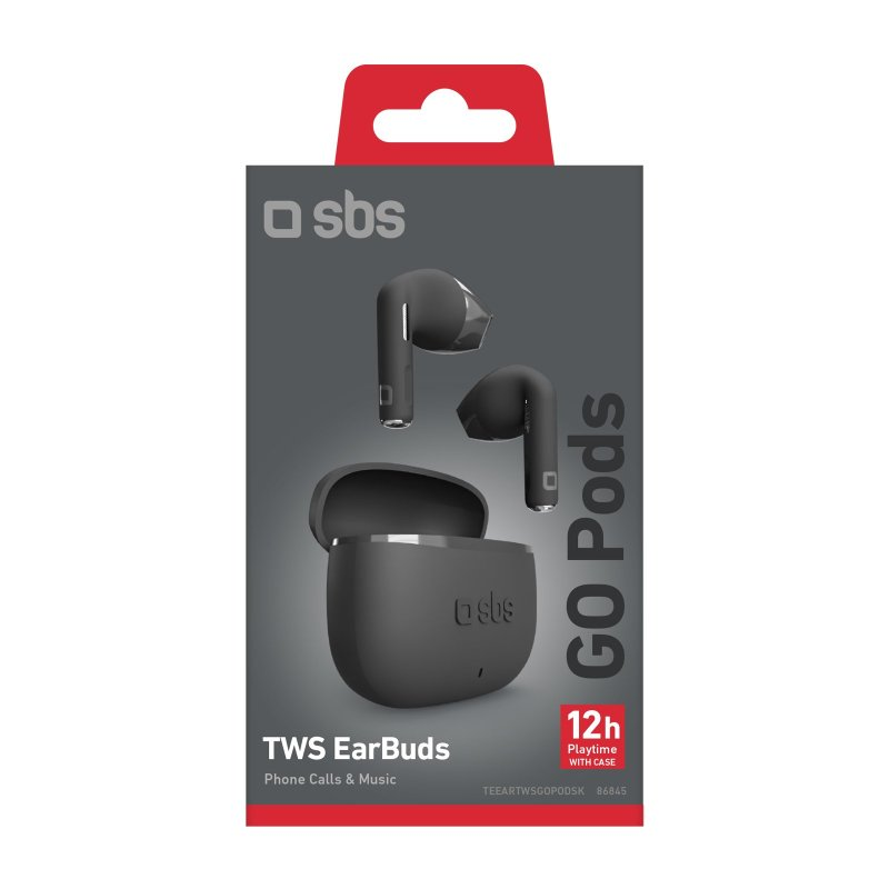 Schwarze Ohrhörer in einer Box. Die Box enthält die Ohrhörer und ihr Etui. 'GO Pods' geschrieben.