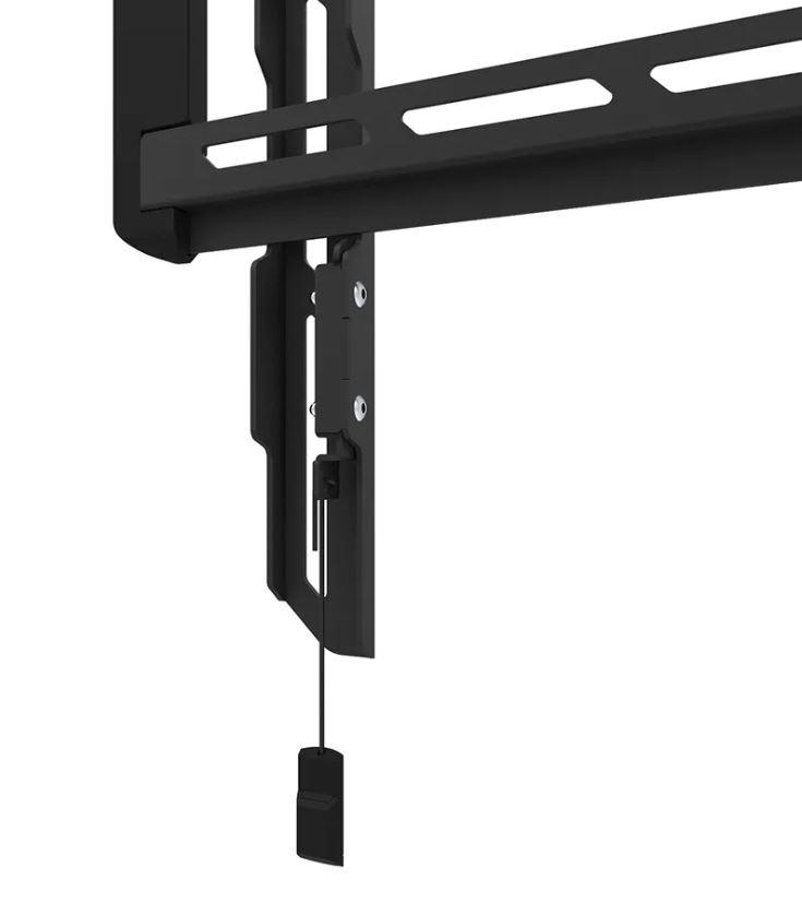 Eine schwarze TV-Halterung aus Metall, Teil eines Wandmontagesystems.