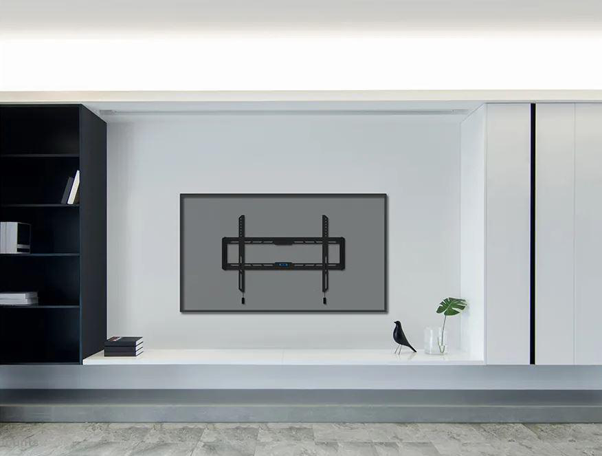 Eine Wand-TV mit schwarzem Halter, ein Regal mit Büchern und eine Vase mit einer Pflanze.