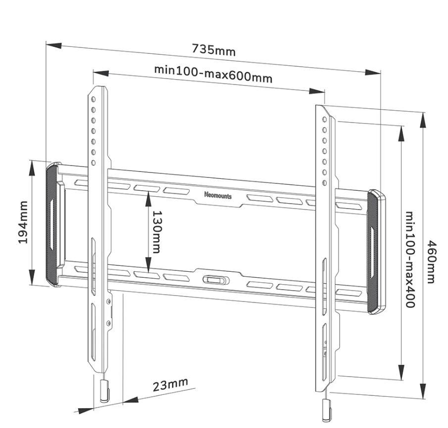 Diagramm einer TV-Halterung mit Maßen und Beschriftungen in Schwarz. Es ist eine technische Zeichnung.