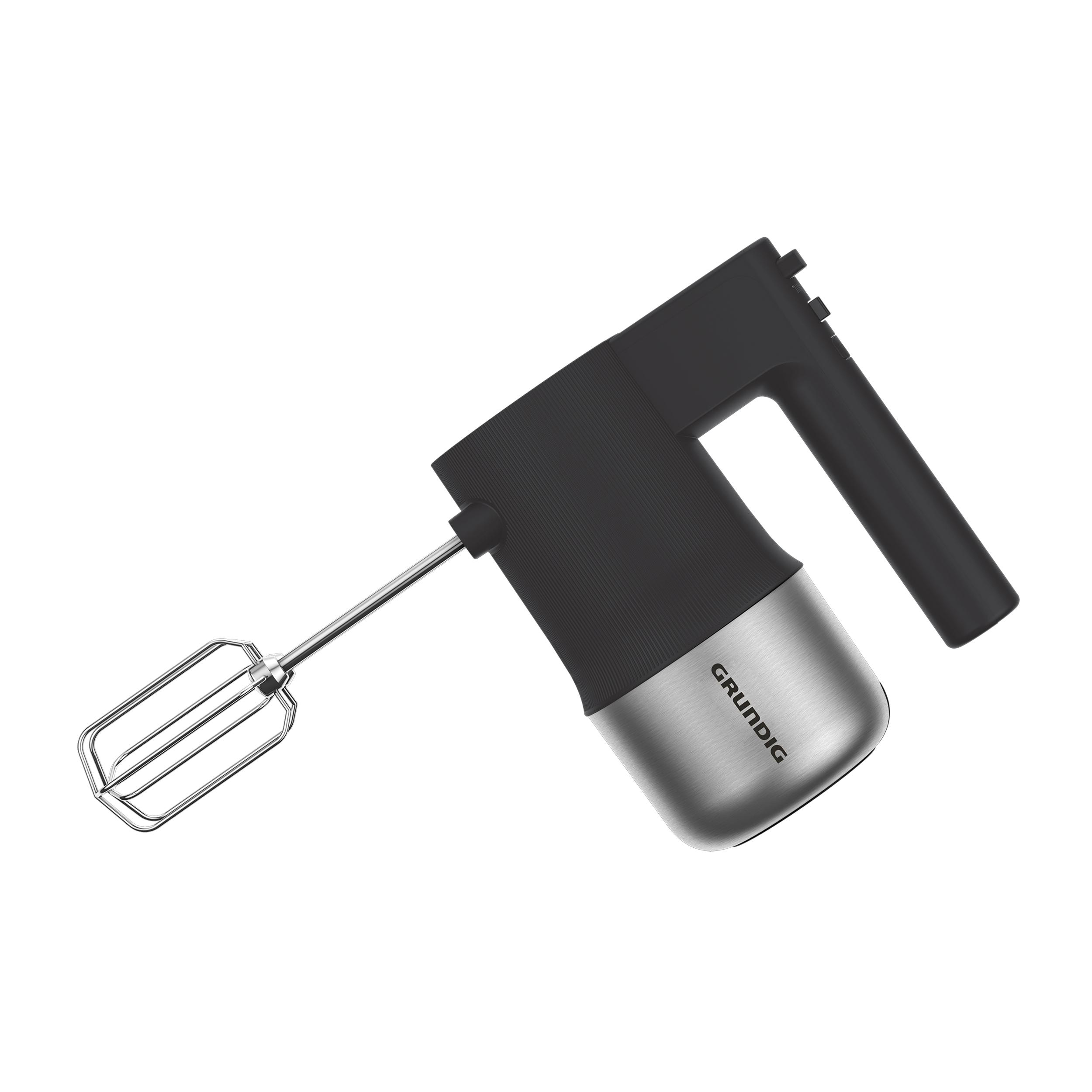 Ein Handmixer in Schwarz und Silber, mit der Marke Grundig auf der Seite sichtbar.