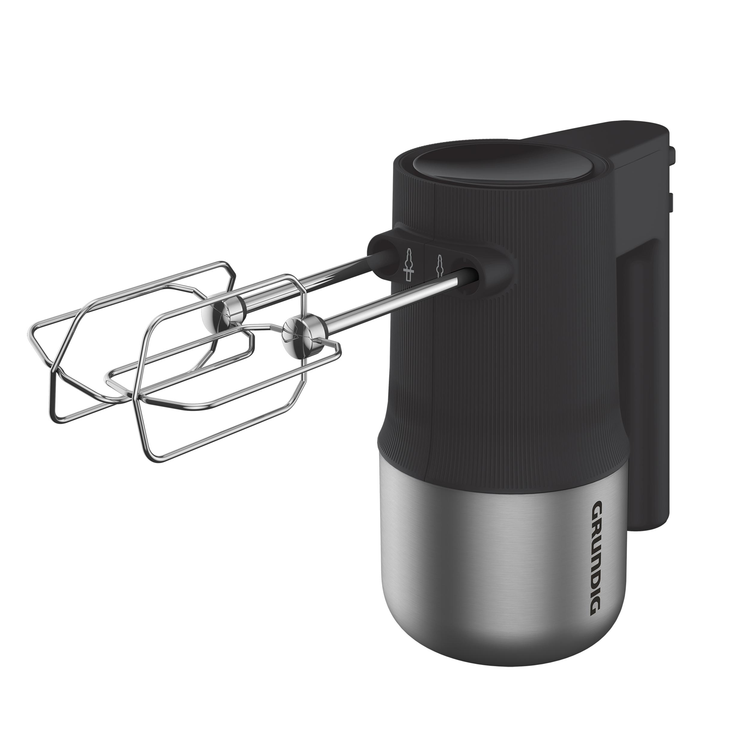 Handmixer mit schwarzem Gehäuse und silbernen Schlagbesen.