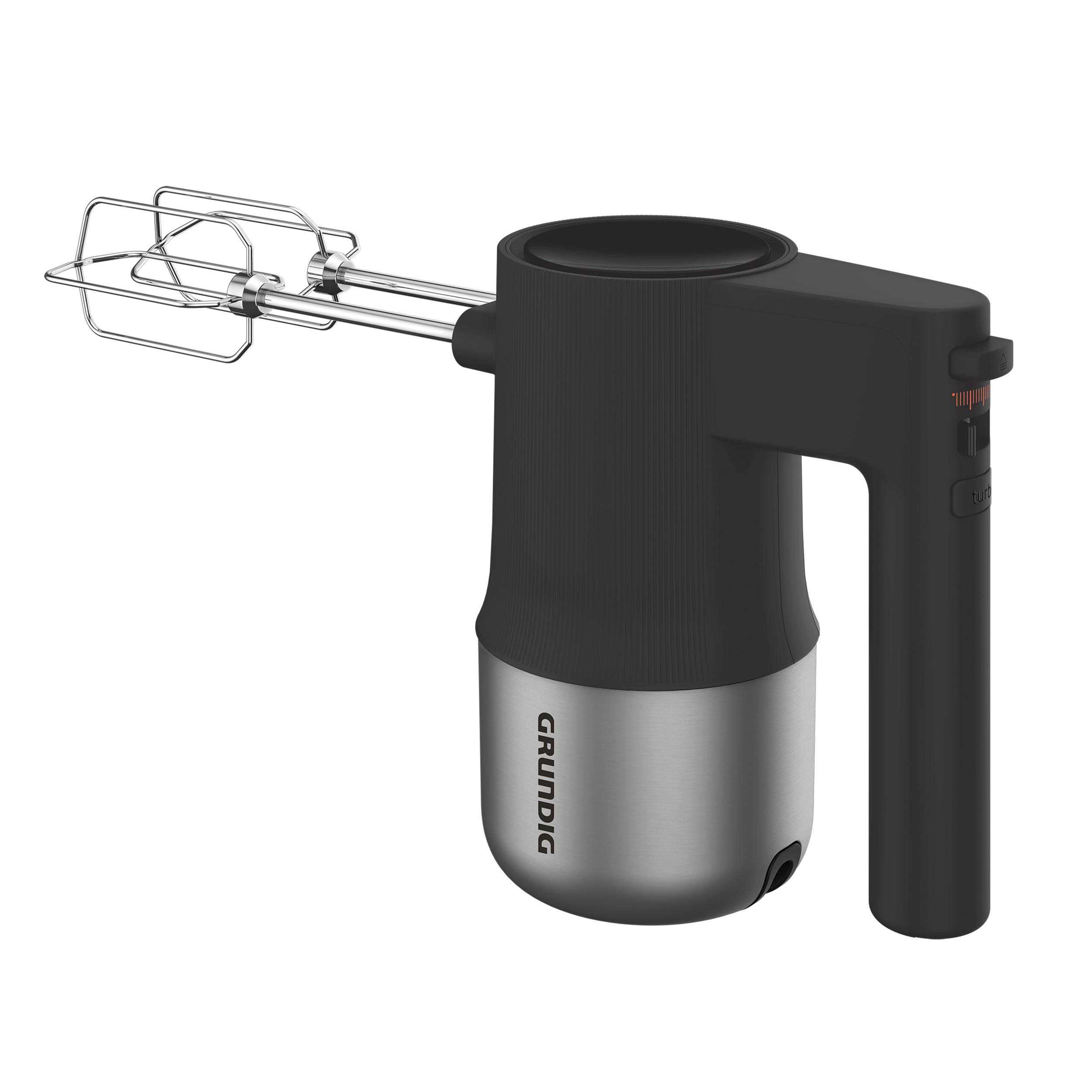 Ein schwarzer und silberner Handmixer mit dem Markennamen 'Grundig'.