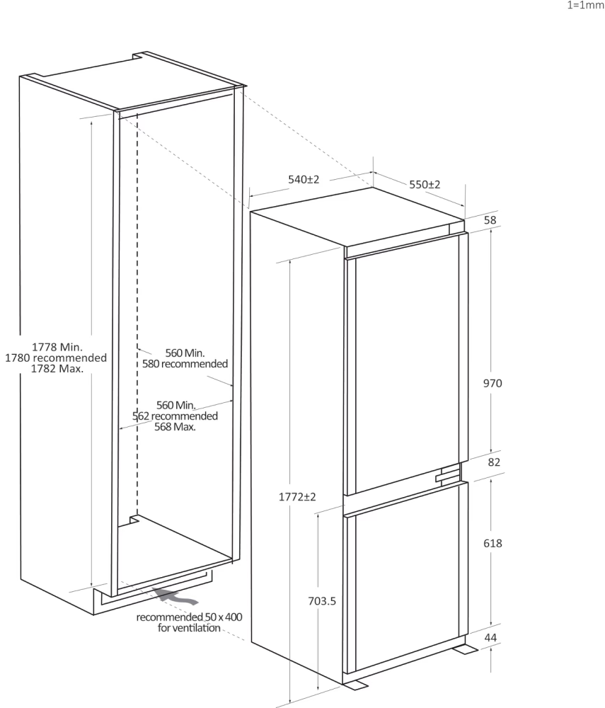 Hűtőszekrény diagramja méretekkel. A hűtő és a fagyasztó részeket mutatja.