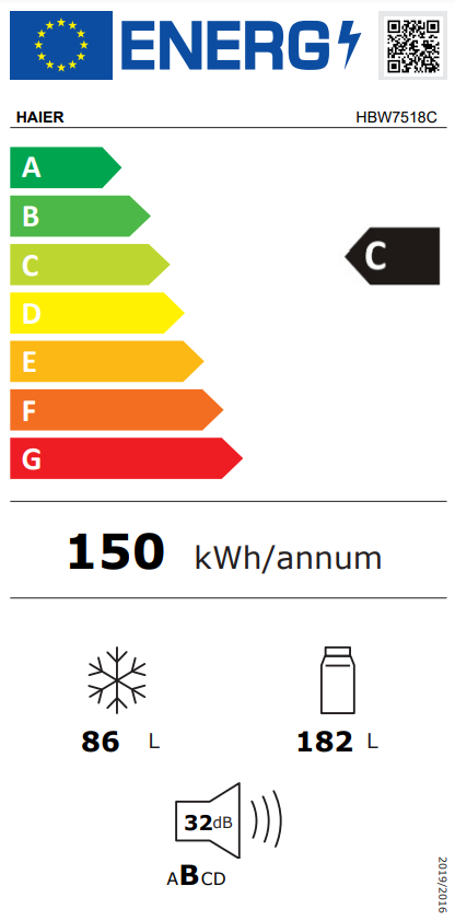 Egy energiacímke. A részletek a 'C' energiahatékonysági osztályt, 150 kWh/év, és a hangszintet tartalmazzák.