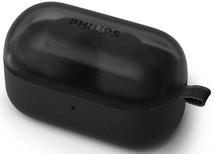Fekete, ovális alakú fülhallgató tok. Zárt, és a tetején a 'PHILIPS' márkanévvel.