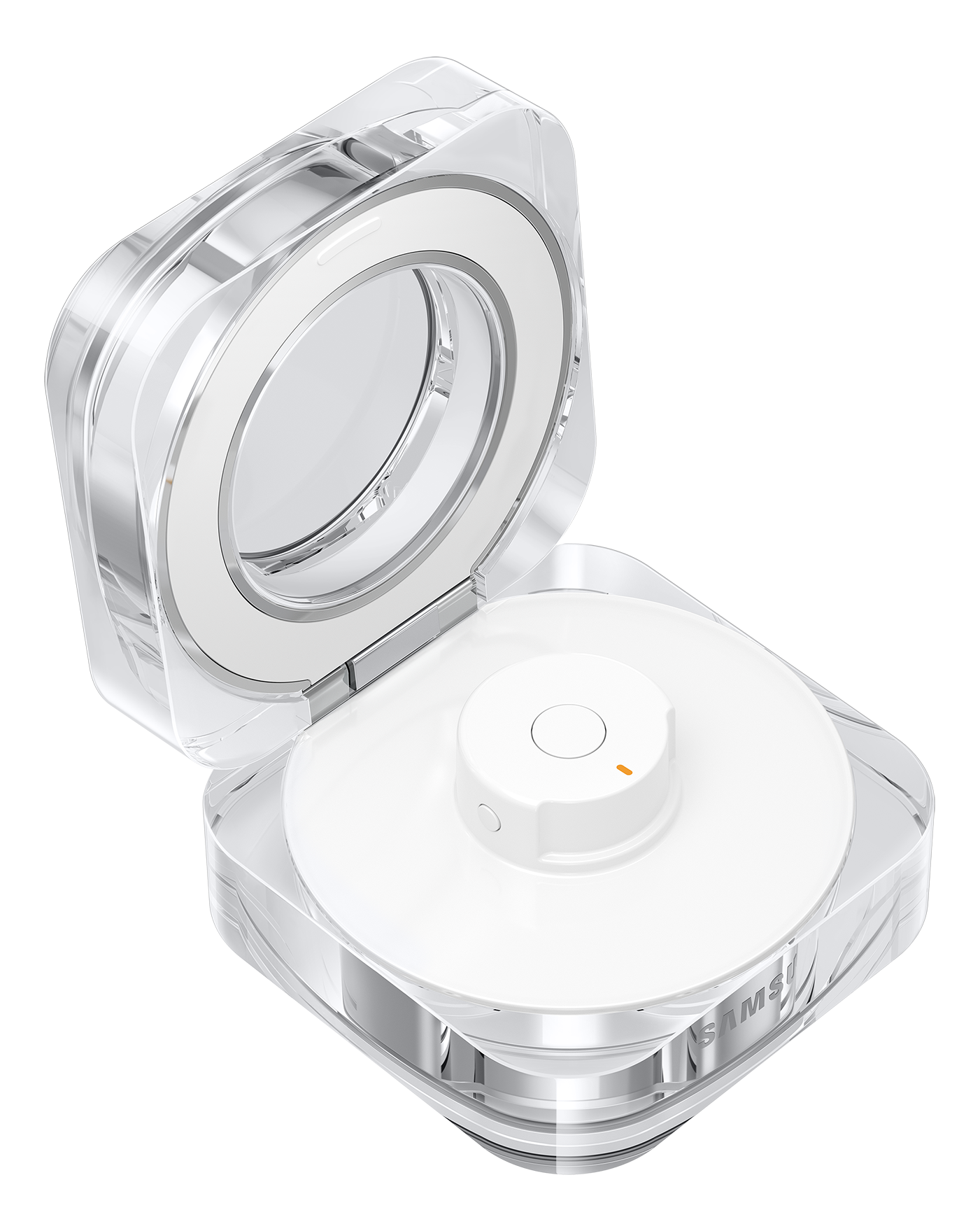 Custodia di ricarica bianca Samsung Galaxy Buds, aperta per rivelare il supporto per auricolari e l'interno.