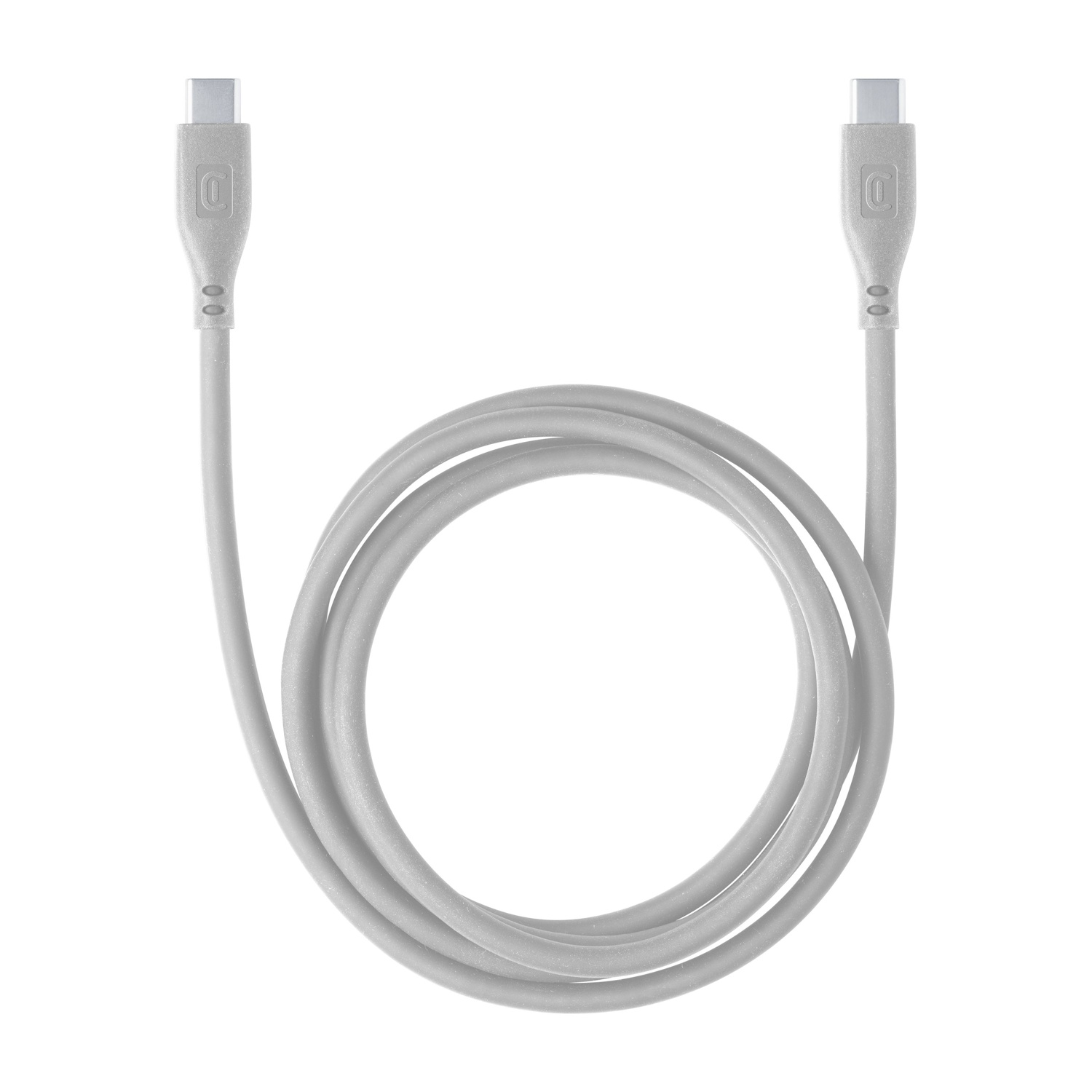 Un cavo USB-C bianco, arrotolato su sfondo bianco.