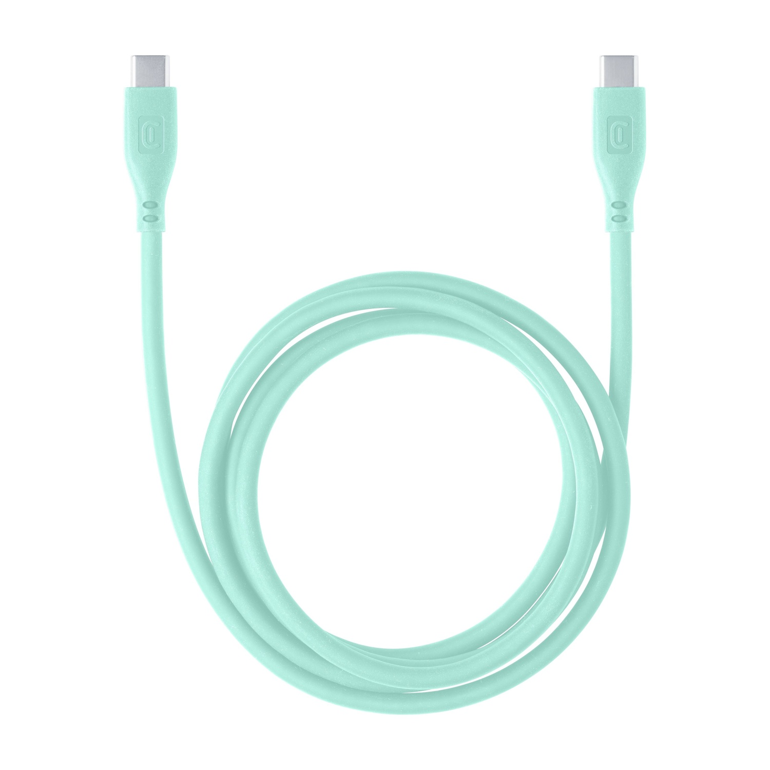Un cavo USB-C verde menta, arrotolato su sfondo bianco.