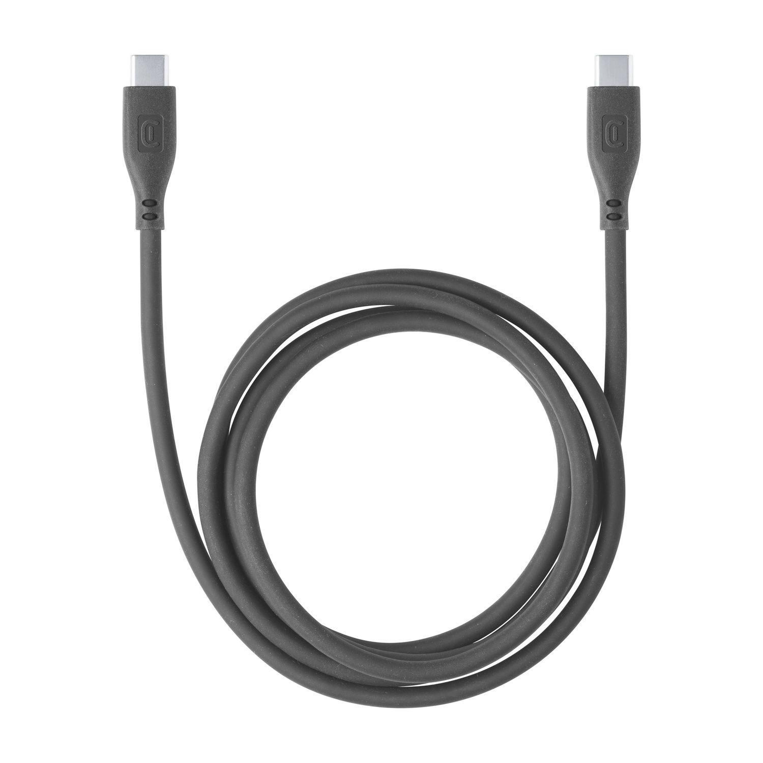 Un cavo USB-C grigio, arrotolato. Il cavo ha due connettori ad ogni estremità, con un logo 'D'.
