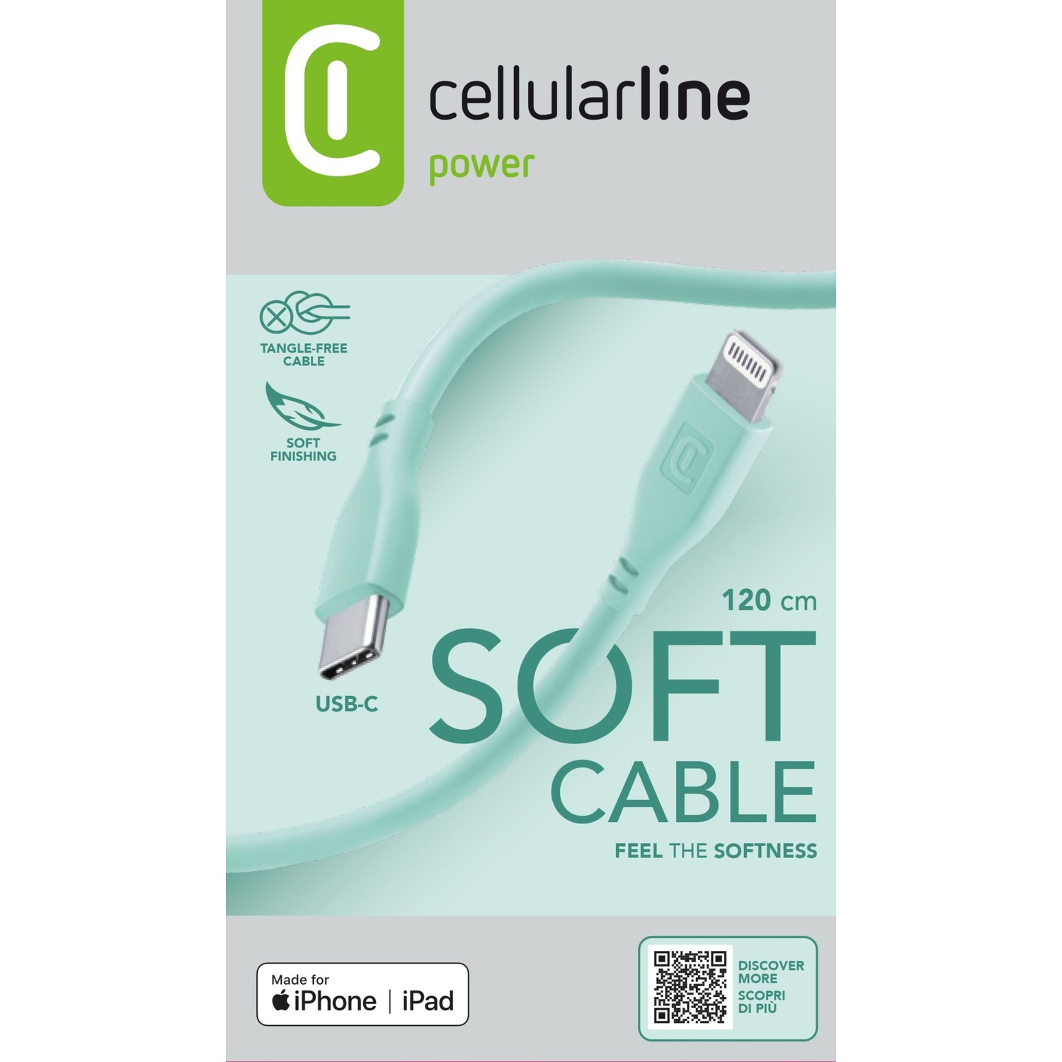 Un cavo USB-C a Lightning verde menta con testo sulla morbidezza e sull'assenza di grovigli.