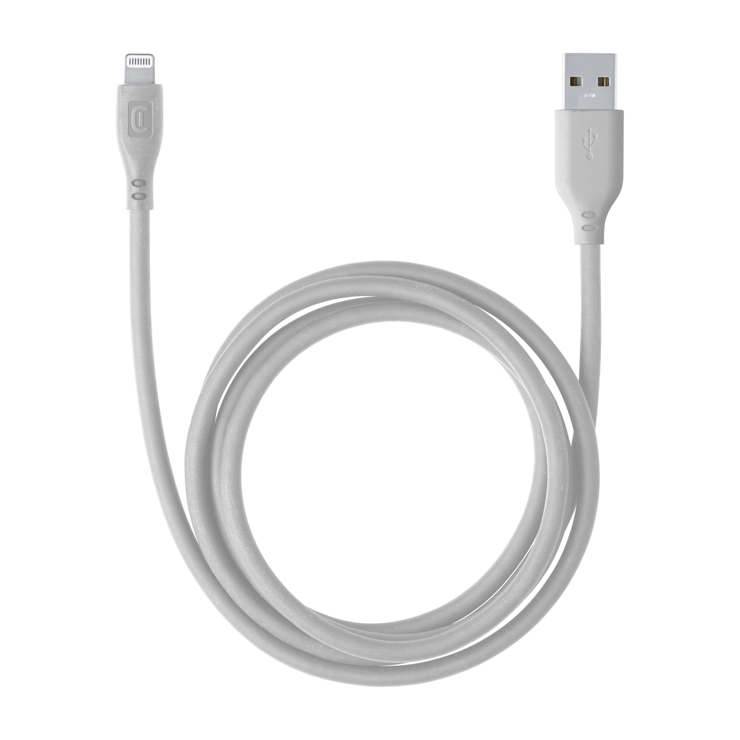 Cavo da USB a Lightning bianco, con sfondo bianco. Il cavo è arrotolato.