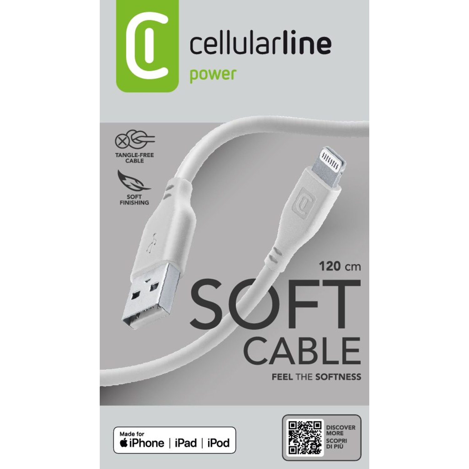 Confezione di cavo bianco con cavo bianco. Testo: 'SOFT CABLE' e '120 cm'.