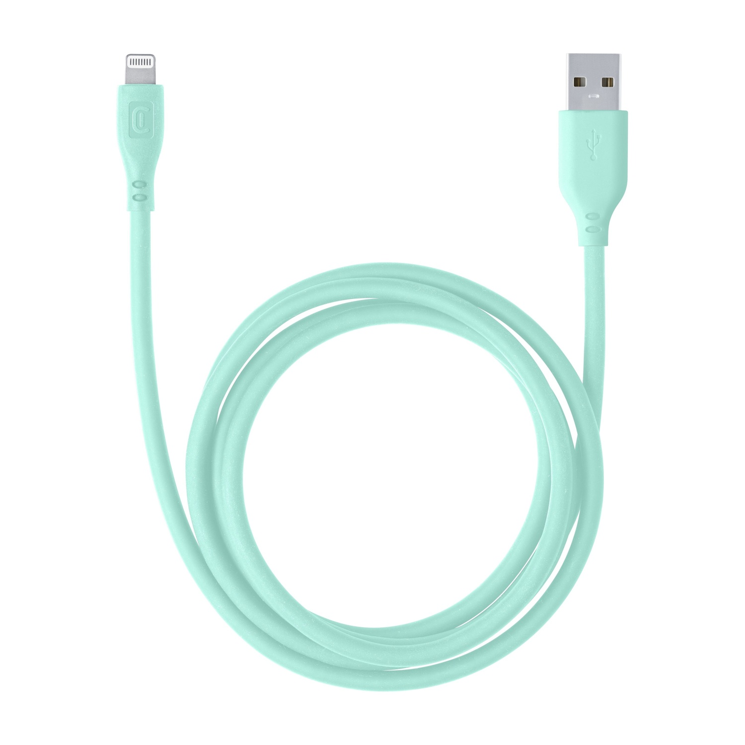 Cavo da USB a Lightning verde menta. Cavo arrotolato su sfondo bianco.