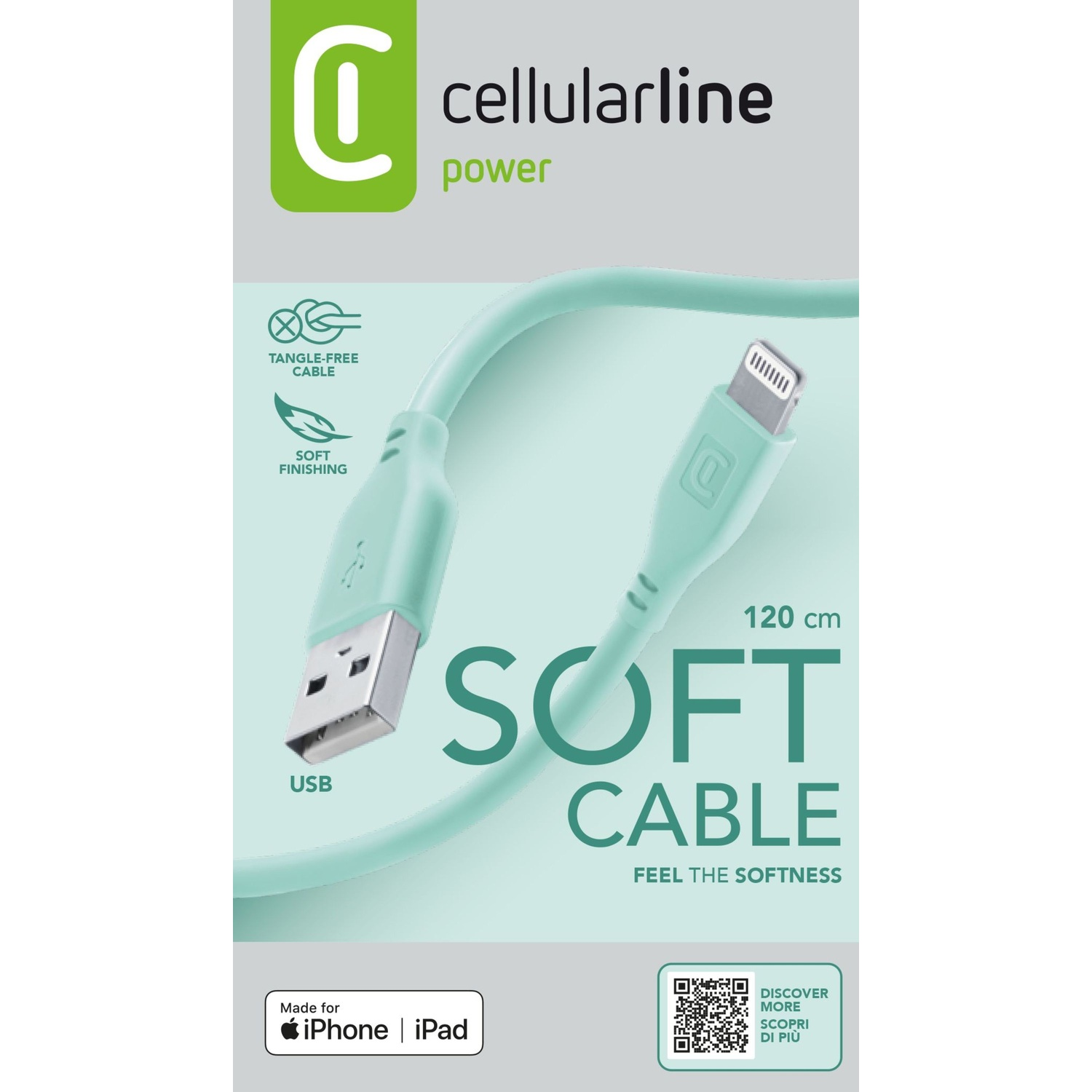 Cavo USB verde menta con connettore USB-A e Lightning, con testo 'SOFT CABLE' e marchio.