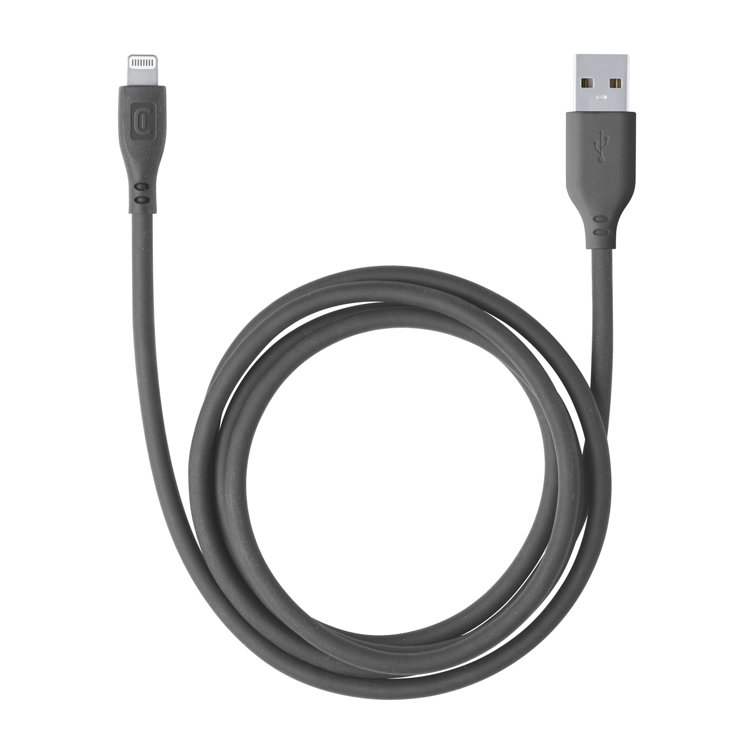 Un cavo grigio da USB a Lightning steso piatto.