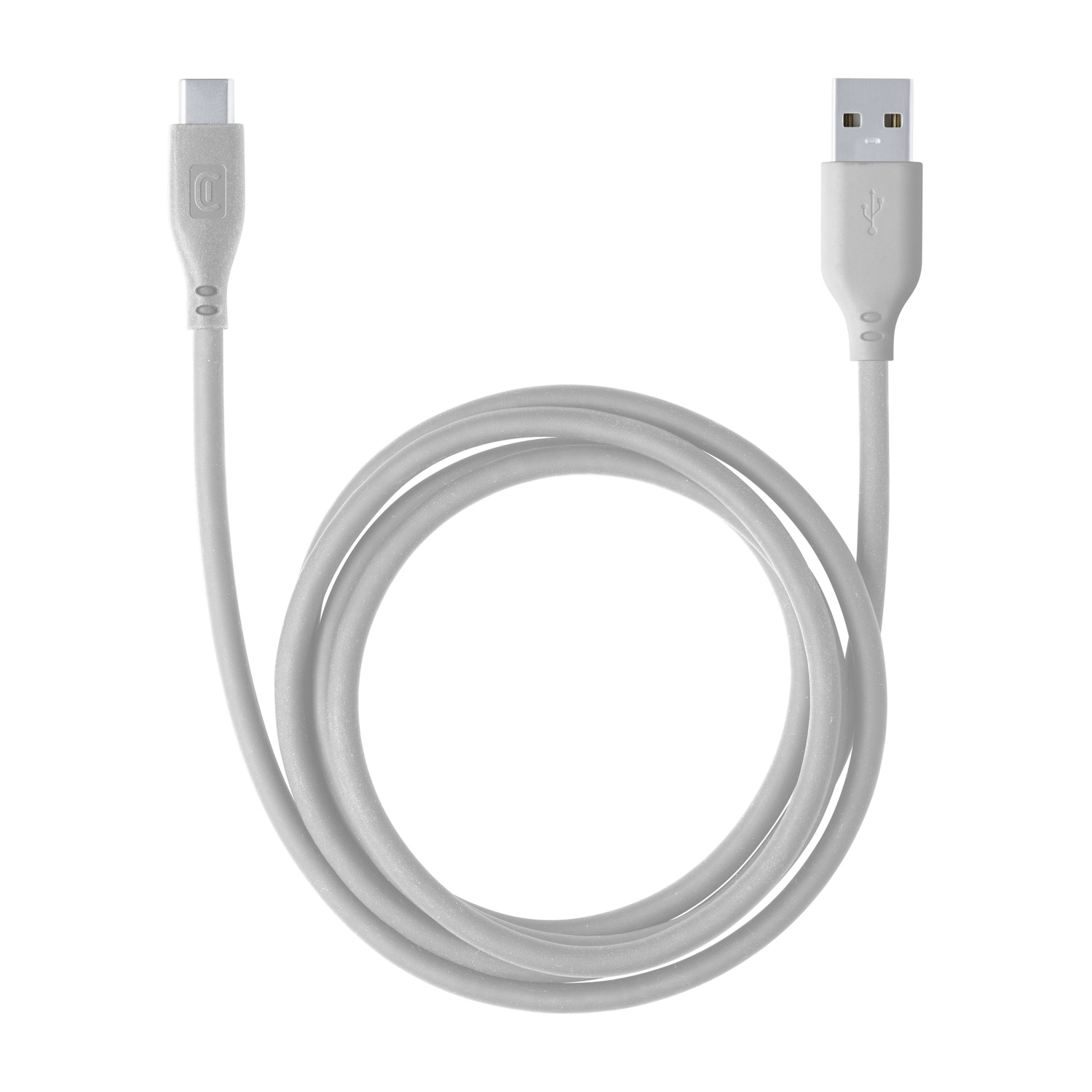 Un cavo bianco da USB-C a USB-A, arrotolato su sfondo bianco.