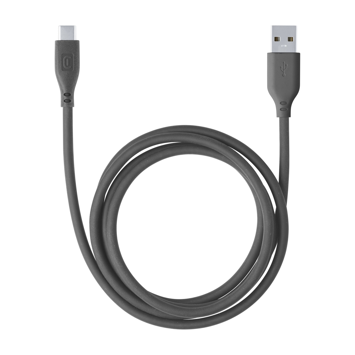 Un cavo grigio da USB-C a USB-A, arrotolato su bianco, entrambe le estremità sono visibili.