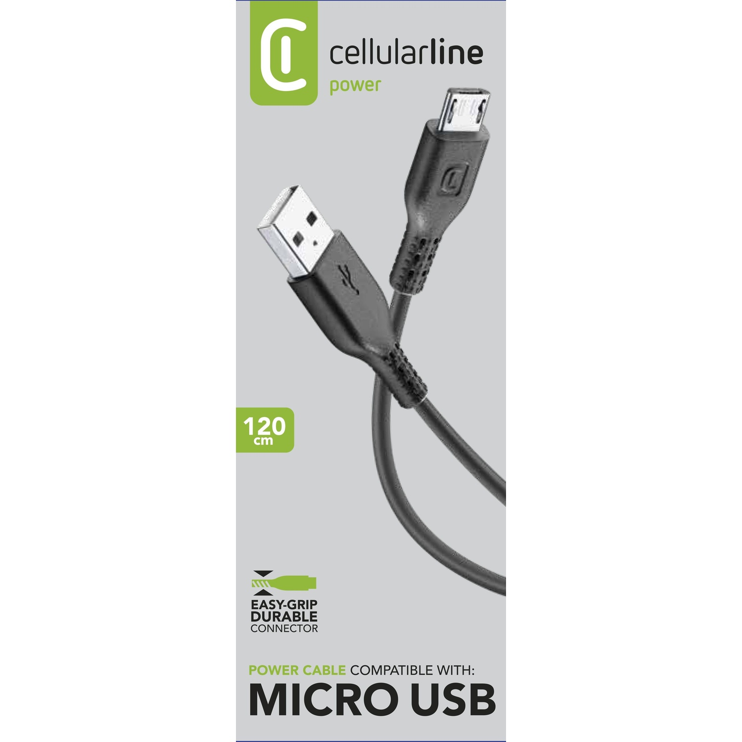 Cavo Micro USB. Cavo nero, lungo 120 cm. Marchio Cellularline, presa facile e durevole.