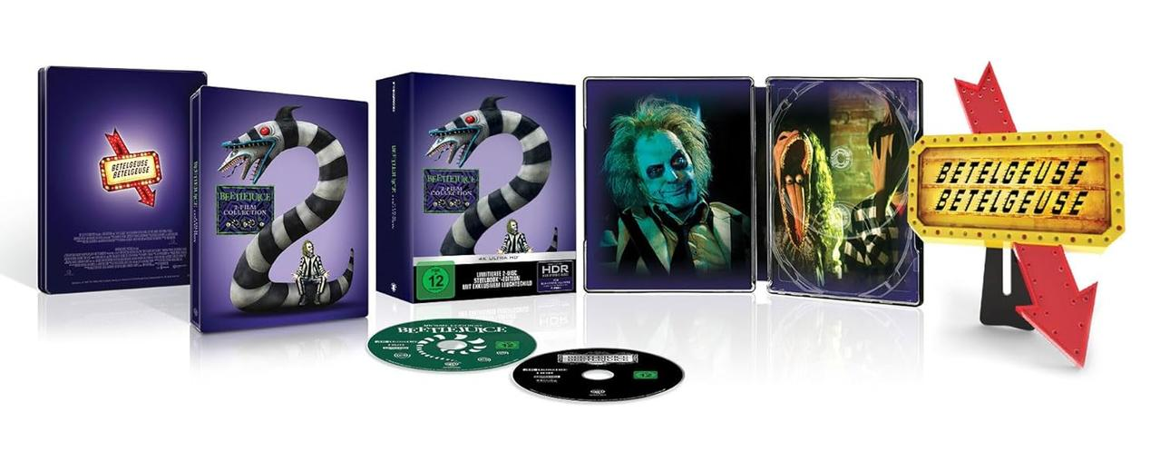 Beetlejuice Blu-ray-Sammlung. Enthält Filmhülle, Metallhülle und ein Schild.